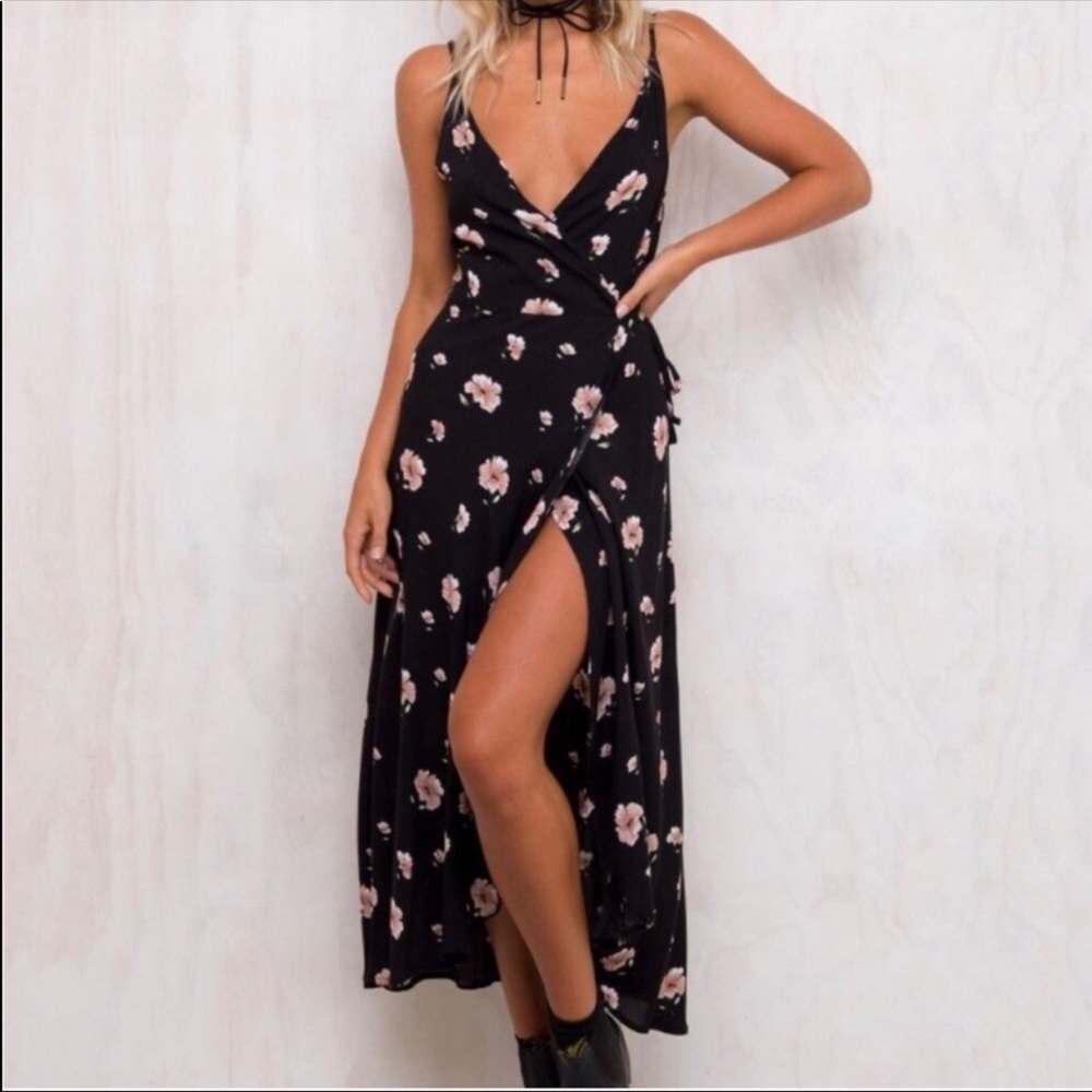 Princess Polly Black Floral Wrap Dress
